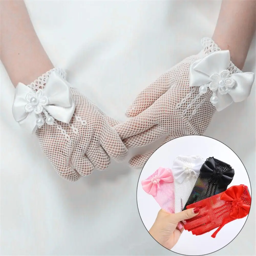 Short Children's Wedding Gloves Bow Knot Thin Lace Mesh Gloves Etiquette Dress Gloves Holiday Princess Birthday Party Gloves