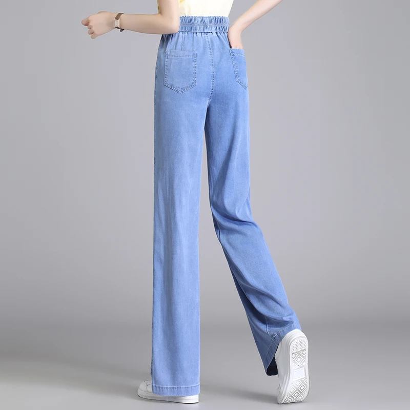 Sommer Dünne Frauen Geeignet gerade Breite Bein Jeans Lose Droop Elastische Taille Denim Lange Hosen Koreanische lyocell Casual Hosen