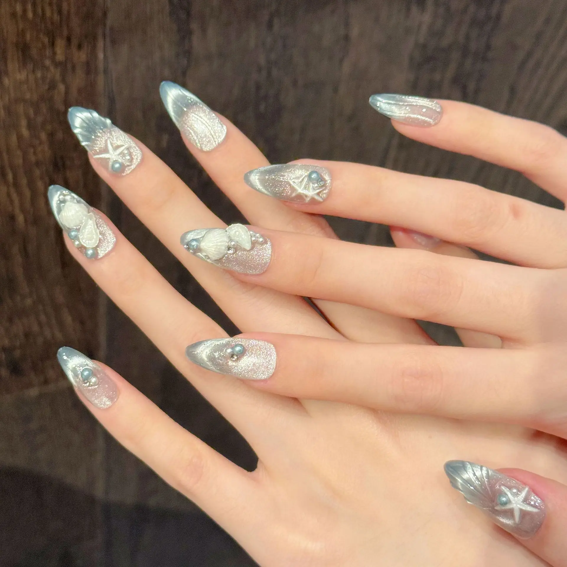 10pcs Summer Handmade False Nails Set Reusable Ocean Gradient Blue Tips Press on Nails Art with Pearl  Seashell Design Fake Nail