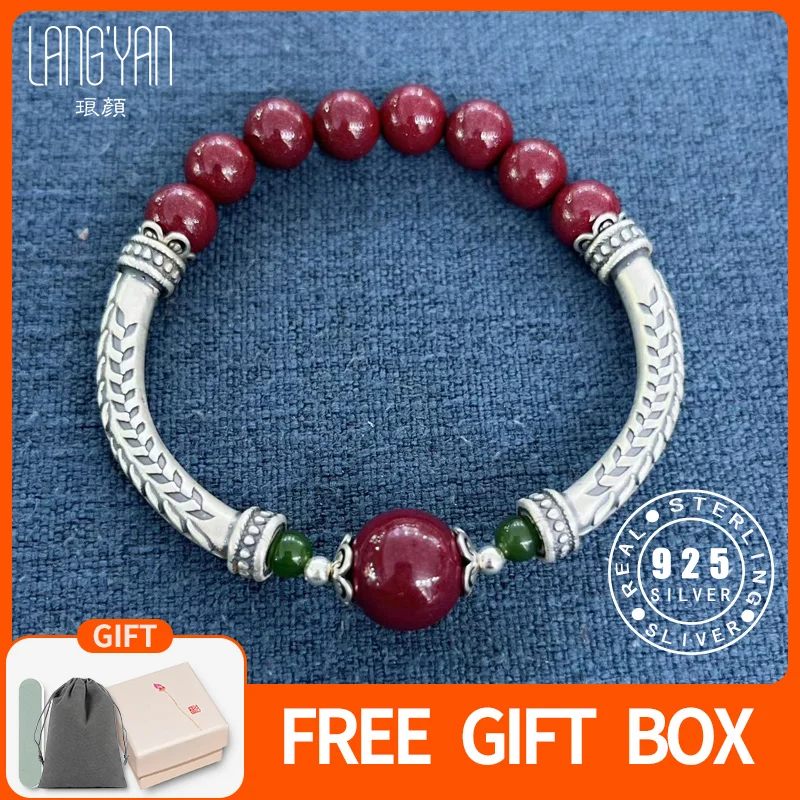 

Браслет из натурального киновари Langyan, изогнутые бусины из стерлингового серебра 925 пробы, ручная работа, традиционное китайское украшение, подарок на удачу, SL232