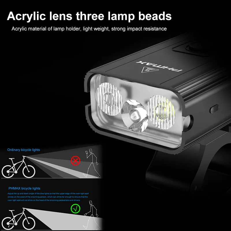 PHMAX Front Bicycle Light Aluminum Shell Rechargeable Bike Lamp Led 2400mAh MTB Bicycle Headlight With 6 Light Modes