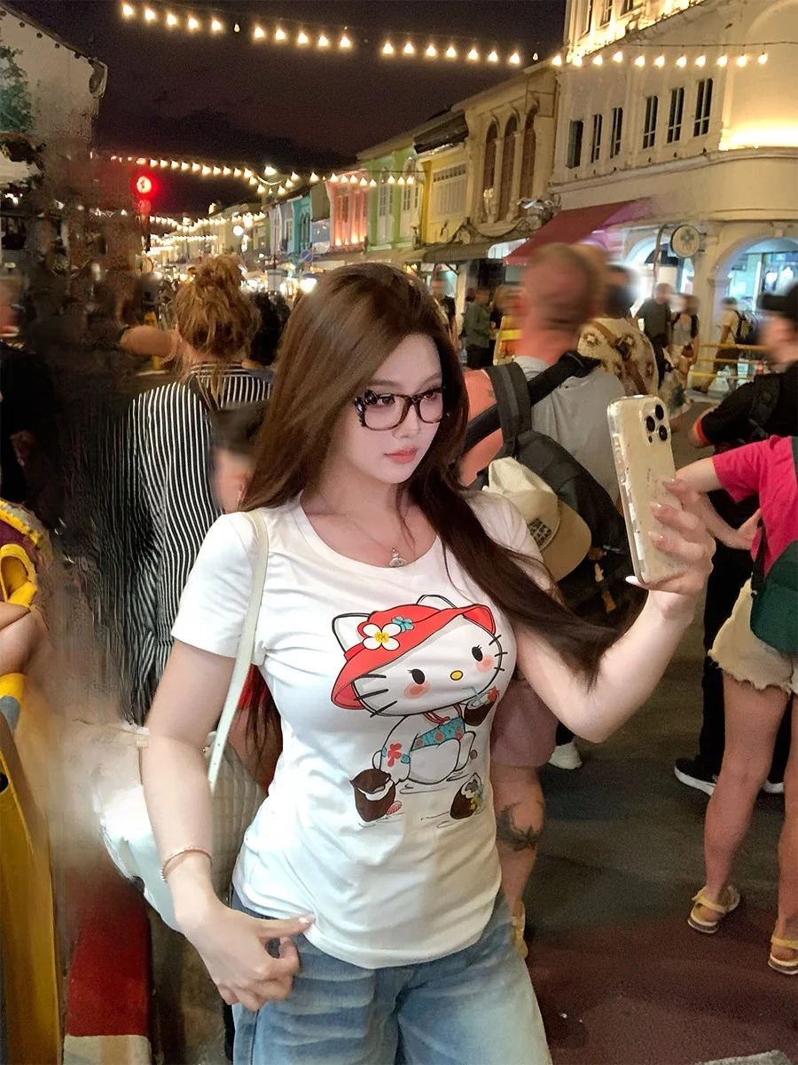 

Футболка с принтом Katie Kitty, женская футболка больших размеров, милый утягивающий топ с короткими рукавами, дышащий, повседневный, свободного кроя, летняя мода