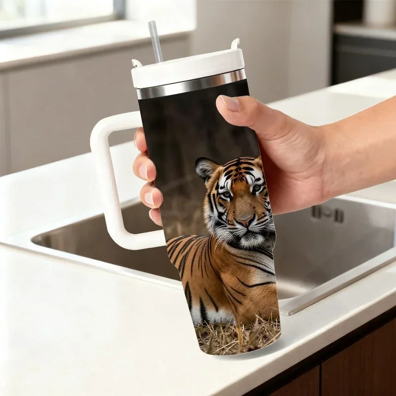 40Oz Stainless Steel Insulated Tumbler, Digital Printed Alert Lying Tiger Pattern, Durable Heat And Cold Retention Drink Cup for Daily Outdoor And Office Use