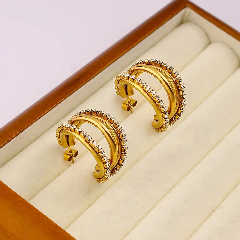 DIY accessories Exquisite C-shaped double-layer full-diamond stud earrings 2025 new light luxury elegant stainless steel earring