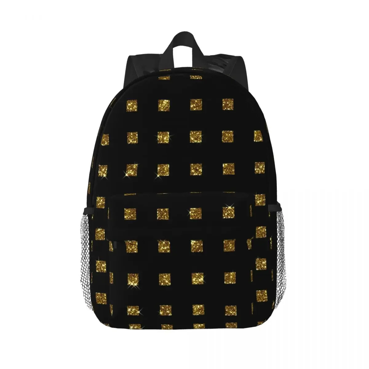 Luxe Gold Glitter Squares On Black Backpacks Boys Girls Bookbag Cartoon Children School Bags Laptop Rucksack Shoulder Bag