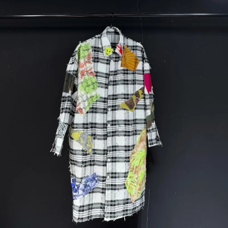 WVGA Spring Autumn New Men Tide Pop Style Patchwork Plaid Long Sleeve Shirt Niche Chic Casual Trendy Turn-Down Collar Top W17562