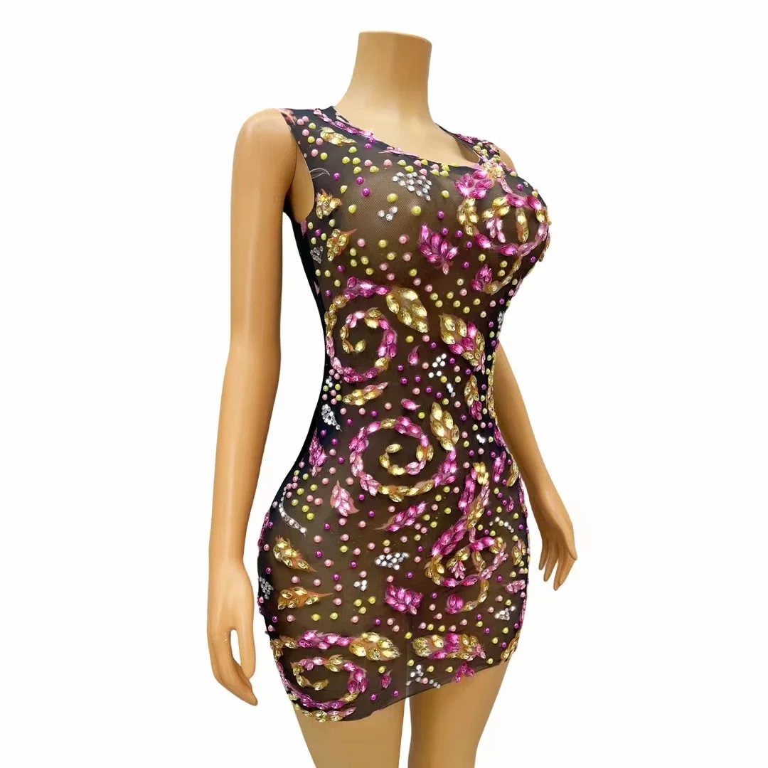 Mini vestido ajustado Sexy sin mangas para mujer, traje de actuación de club nocturno, ropa de escenario, diamantes brillantes de colores, nuevo