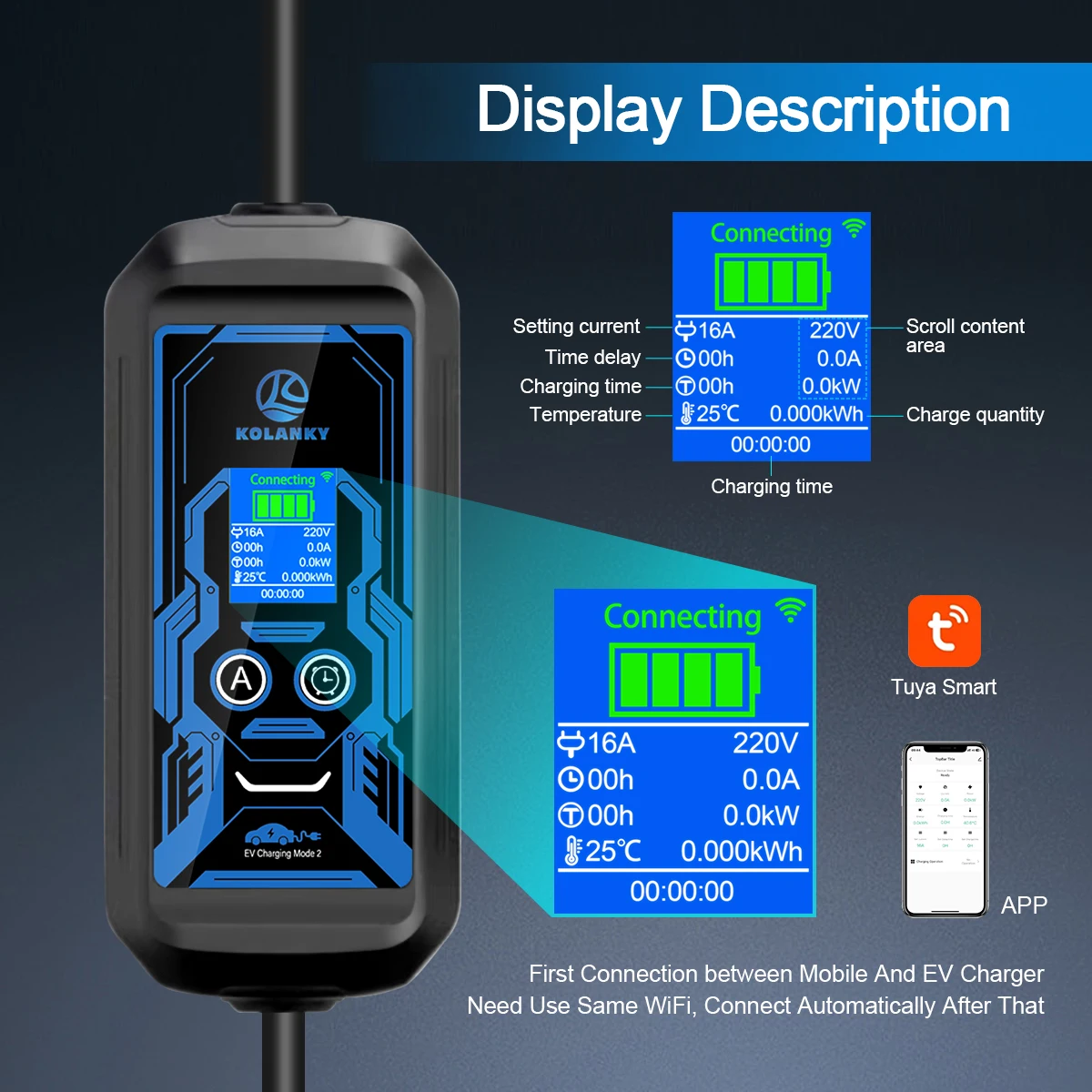 Kolanky EV Charger Type 1 SAE j1772 Nema 5-15 Adjust 6/8/10/16A Timer Tuya App Control Charging NACS Tesla Eletric Vehicle Cars