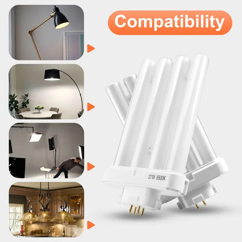 ABJT-220V 27W 4 Pin Rows 6500K Double-H Quad Tube Compact Fluorescent Lamp Light Bulb