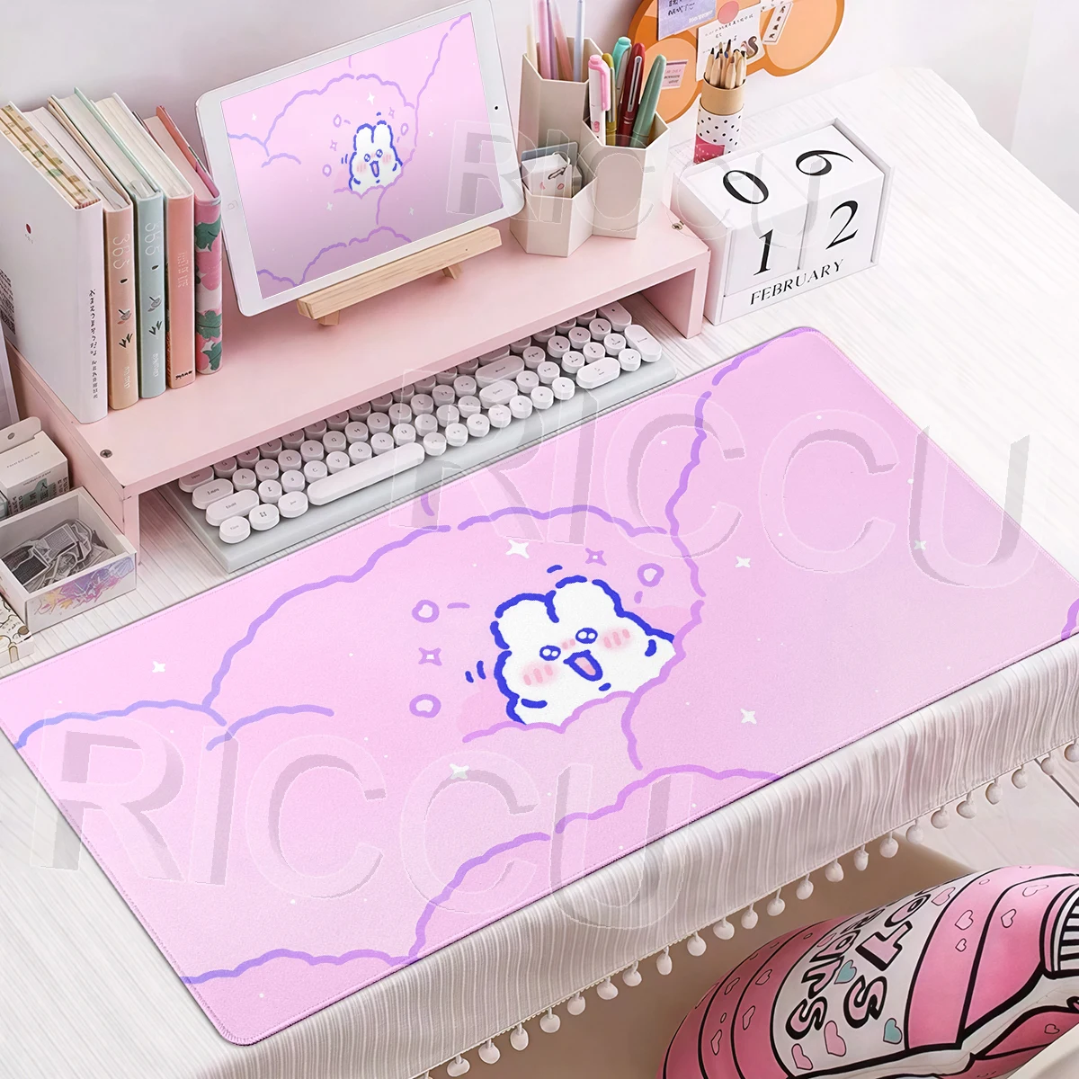 Pink Mouse Pad Cute Rabbit Deskpad Desk Decort Office Accessories PC LockEdge Rubber Carpet Gamer Keyboard Tablepad Extended Mat