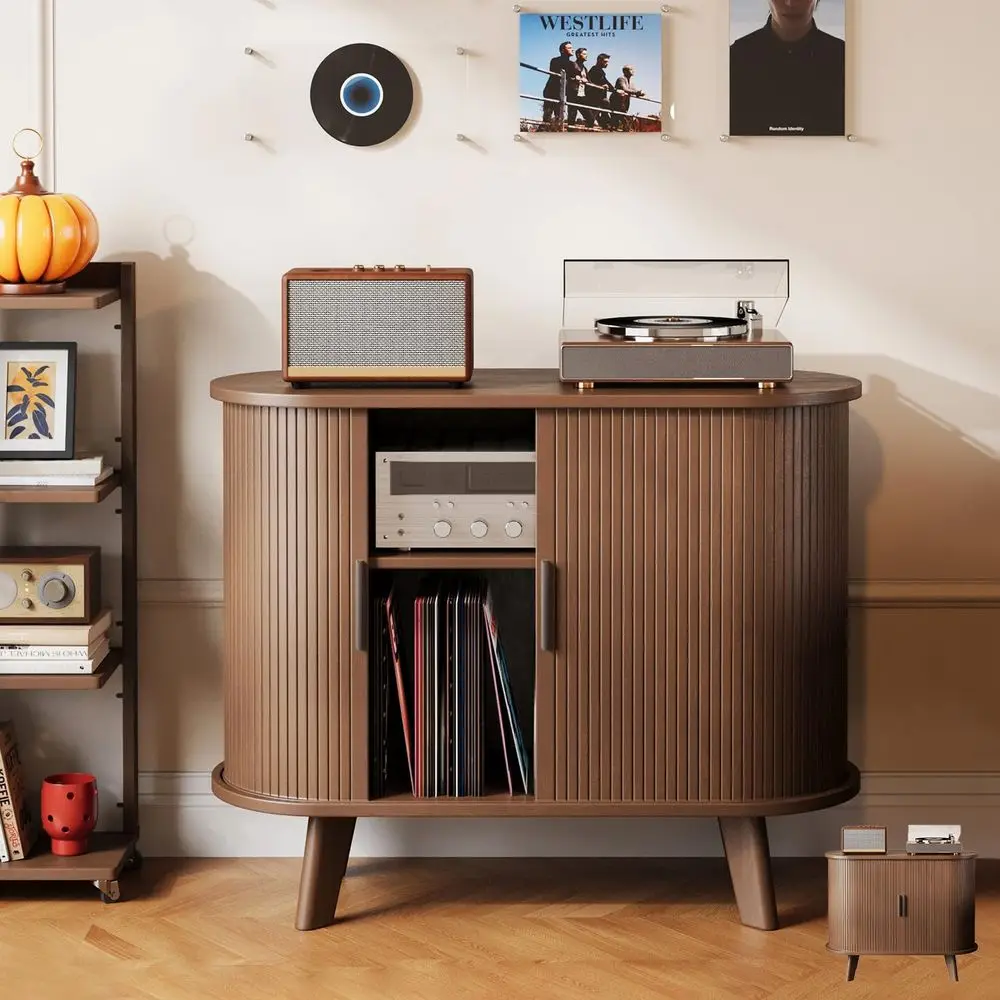 Walnut Medium-Sized Turntable Stand with Sliding Door for Audio-Video Equipment and TV in Living Room or Bedroom