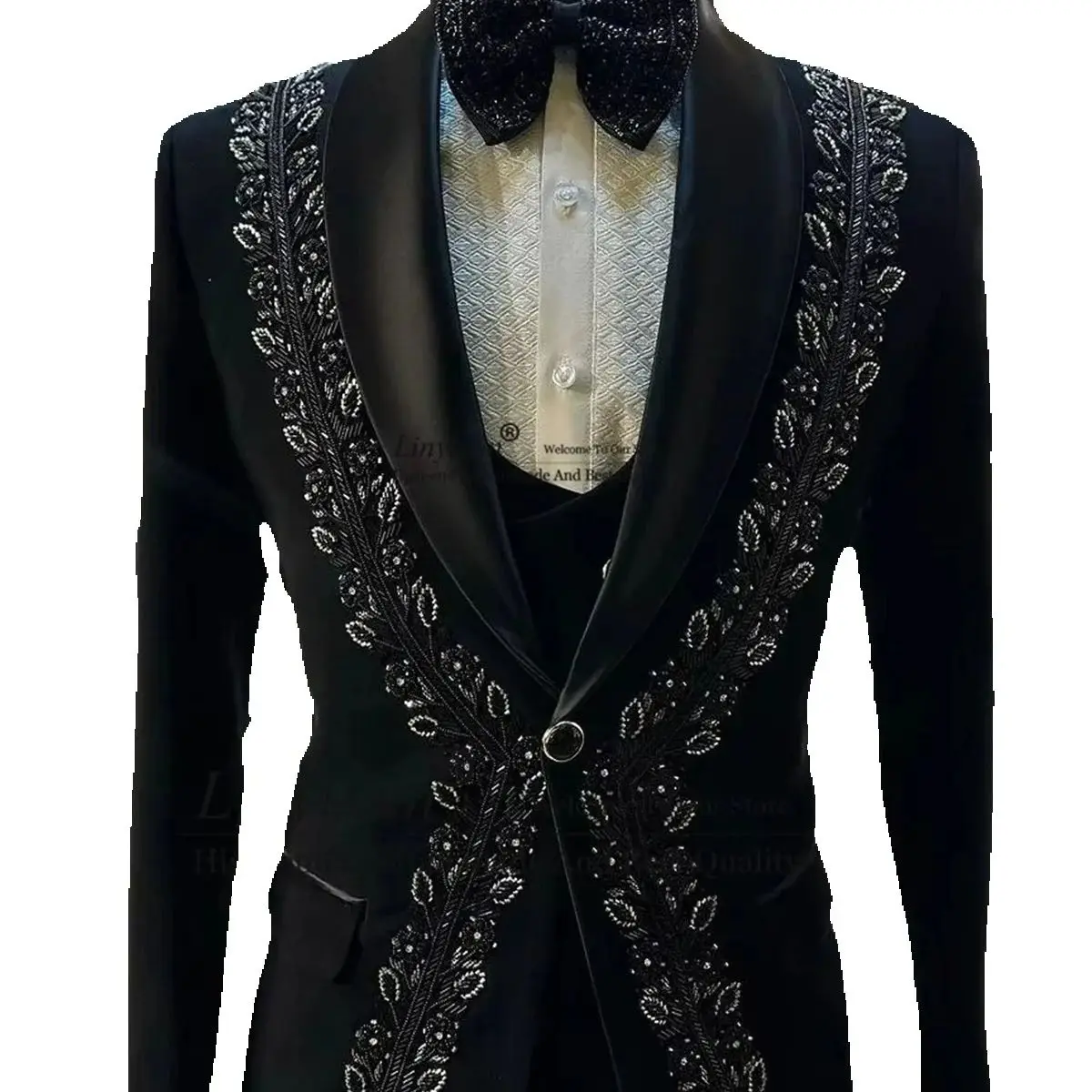 Sparkly Beaded Crystals Men Suits Black Slim Fit Wedding Groom Tuxedos 3 Pieces Sets Male Prom Blazer Customized Costum Homme