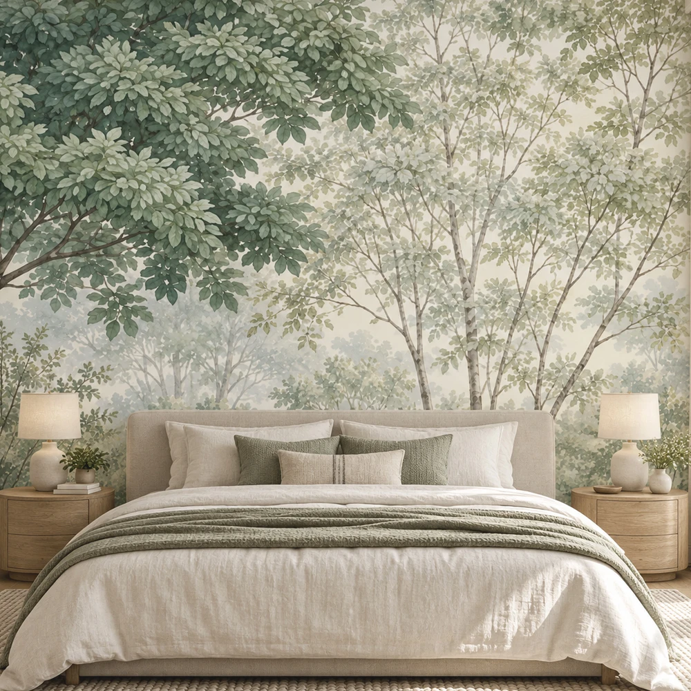 Forest Wall Mural Green Botanical Trees Watercolor Landscape Wallpaper Non Self Adhesive Living Room Bedrooms Natural Home Decor