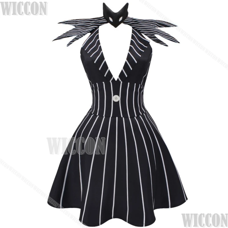 Jack weibliches Cosplay Kostüm schwarz und weiß gestreiften Rock Kleid Halloween Albtraum Rollenspiel Frauen Uniform Schädel Maske großen Mund