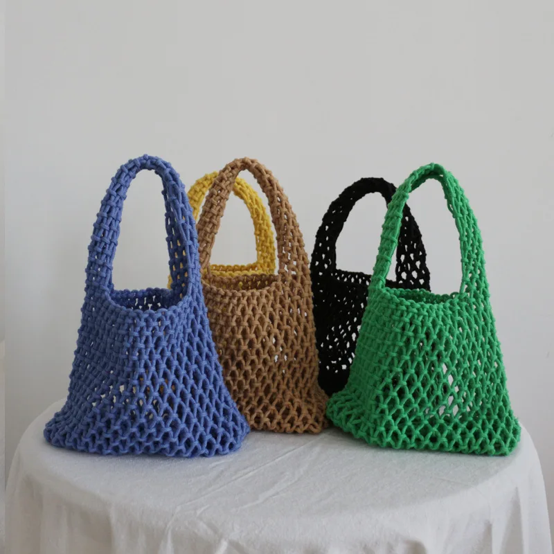 

Hollow Out Cotton Rope Woven Handbag Female Fashion Yarn Bucket Tote Women's Casual Simple Solid Wrist Bag Woman Big Purse 2023
