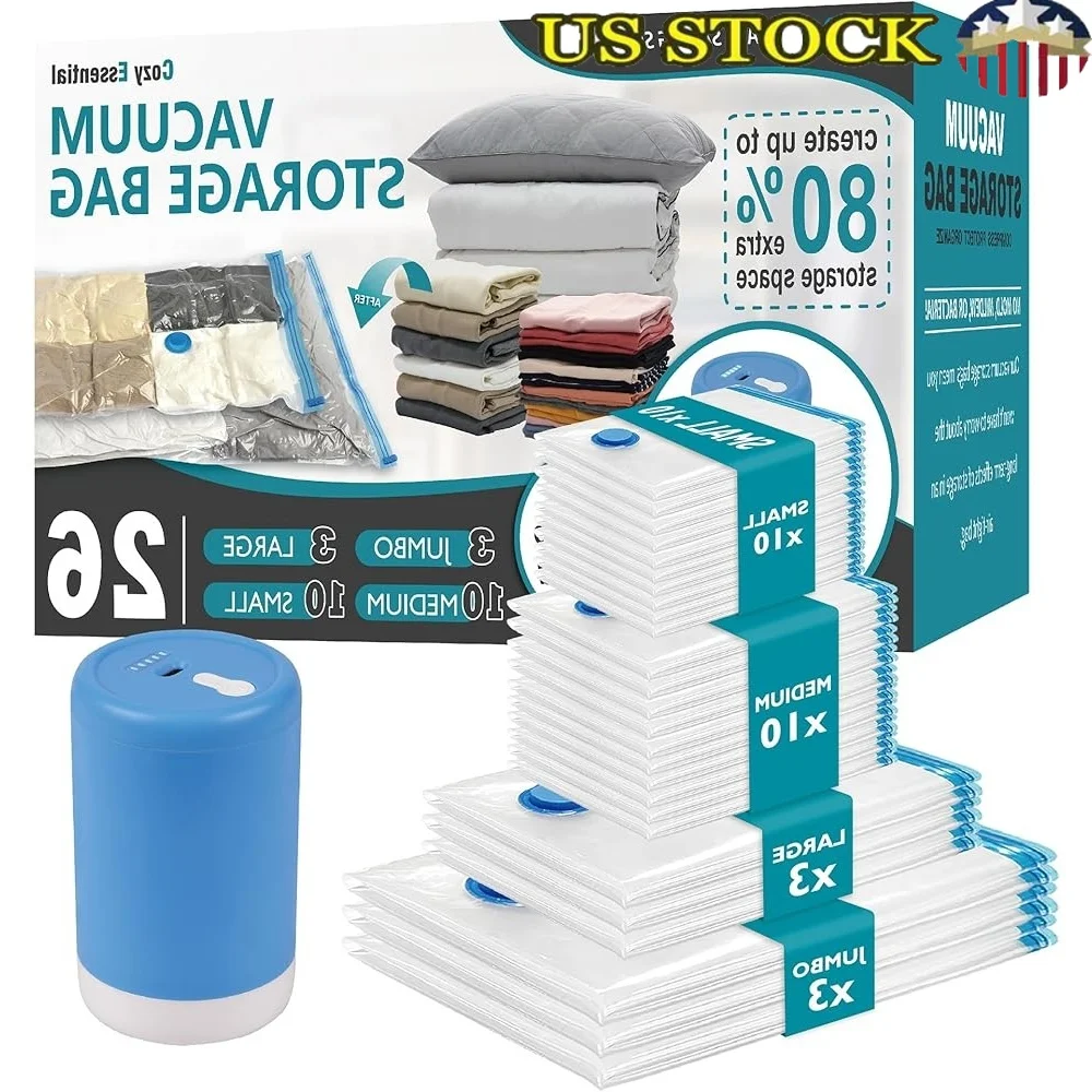 

26 Pack Vacuum Storage Bags with Electric Pump Home Organization Travel Space Saving Reusable Durable