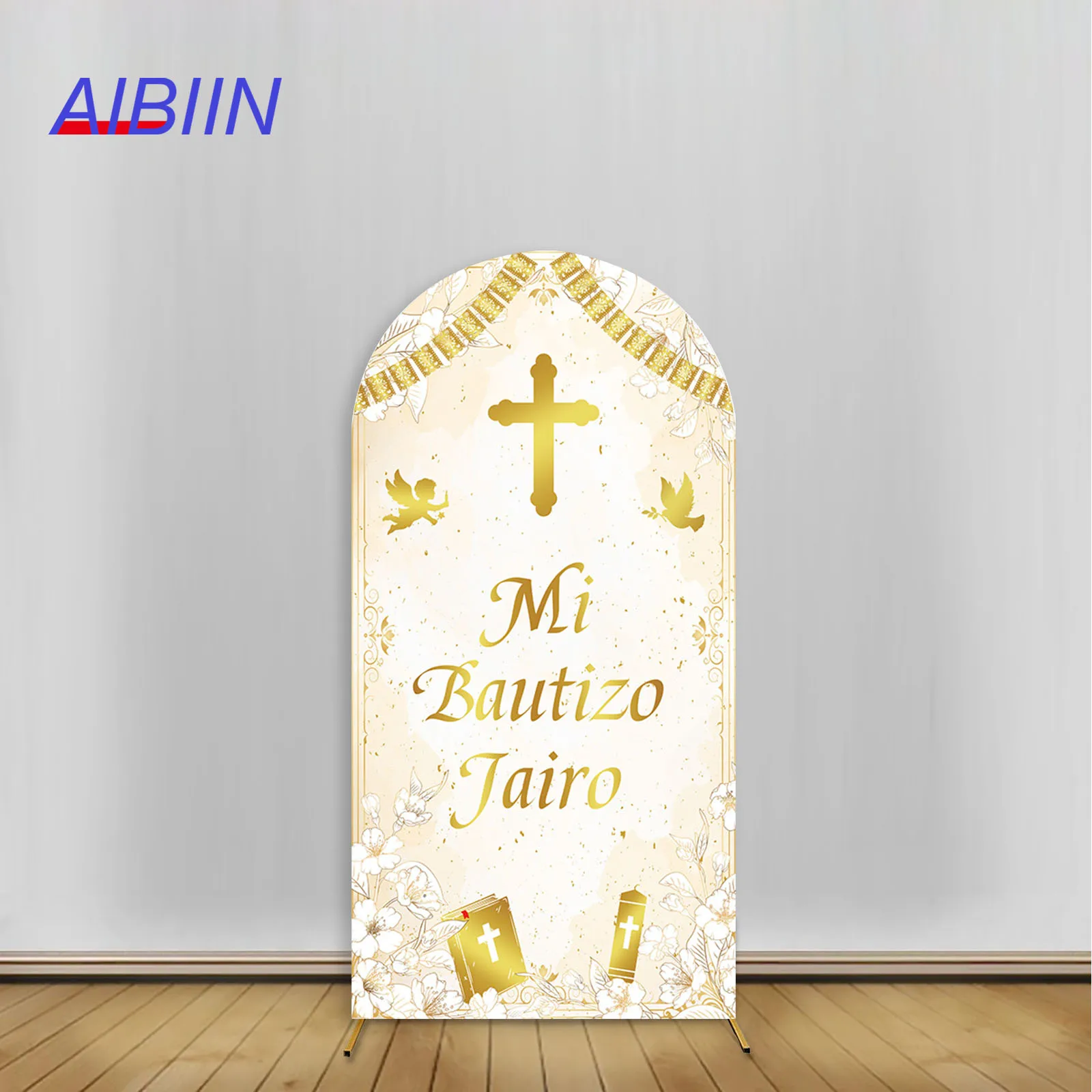 

My Baptism Arch Backdrop Cover Custom Name Gold Cross God Bless Kids Photography Background White Flower Communion Party Decor