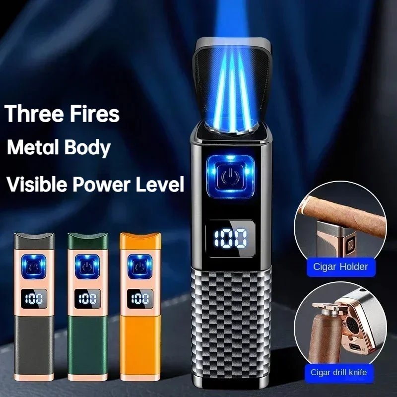 Touch Sensing Metal Outdoor Windproof Electric USB Lighter Turbo Three Torch Blue Flame Jet Gas Lighter Men Cigar Punch Gifts