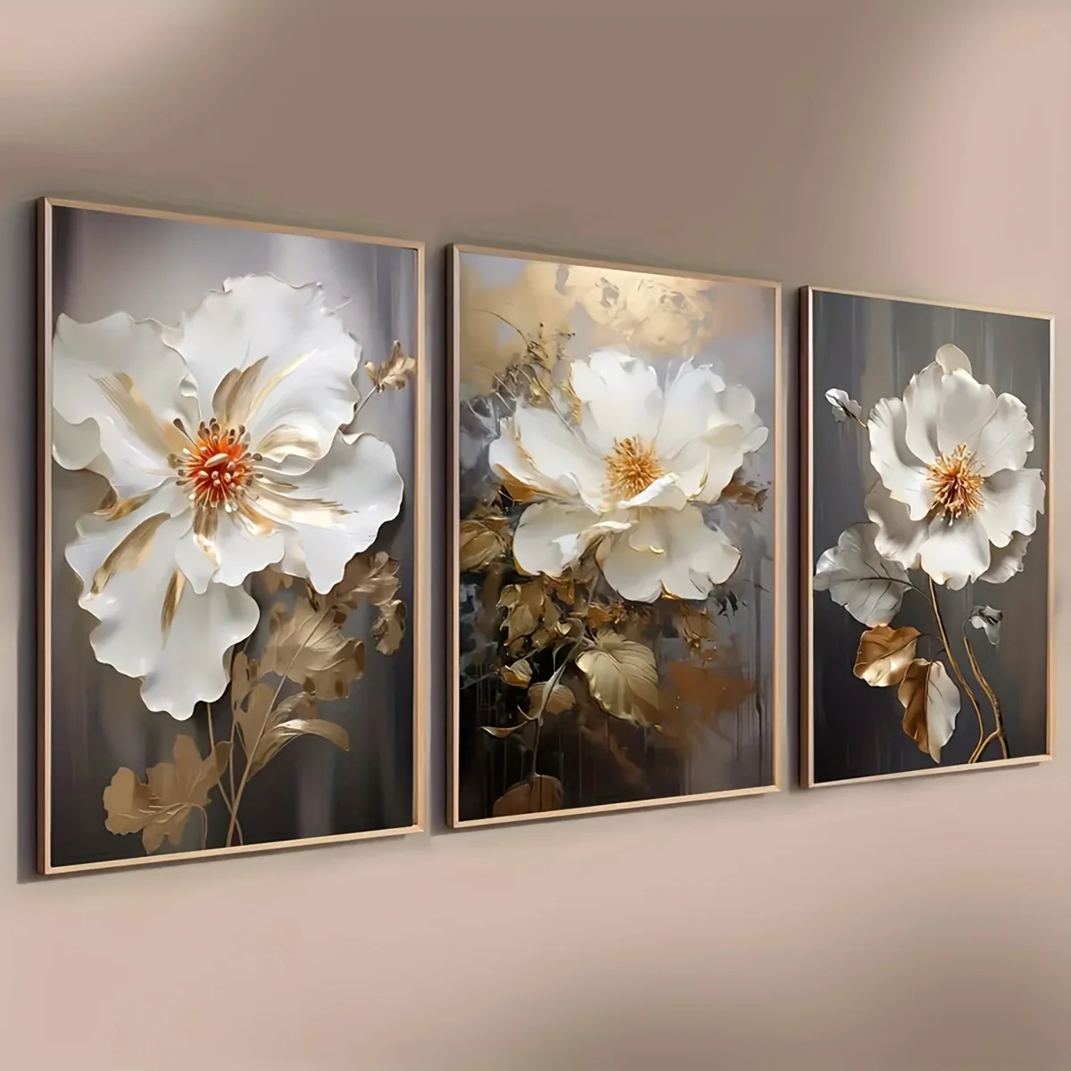(3PCS Unframe)3pcs Abstract Floral Canvas Wall Art Prints, Frameless Golden and White Flower Paintings, Modern Decor for Bedroom