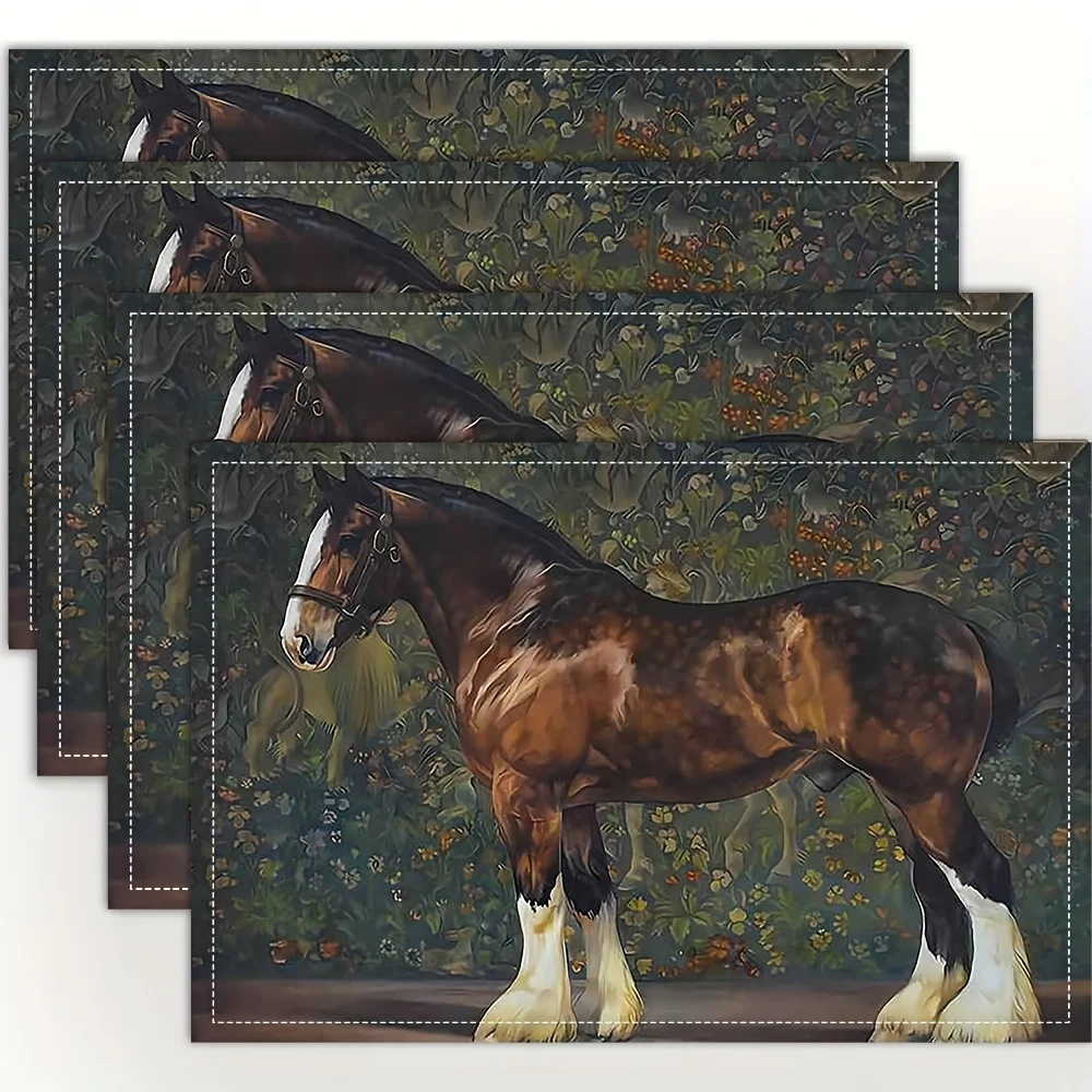 Horse Art Print Linen Placemat Set Rustic Farmhouse Table Mats For Dining Room Decor Country Style Kitchen Accessories Heat
