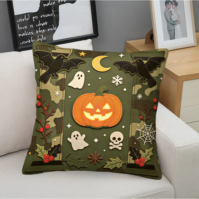 Camo Green Halloween Throw Pillow With Pillow Insert Vintage Pumpkin Bat Ghost Crow Patch Print Cushion Fashion Sofa Bed Decor