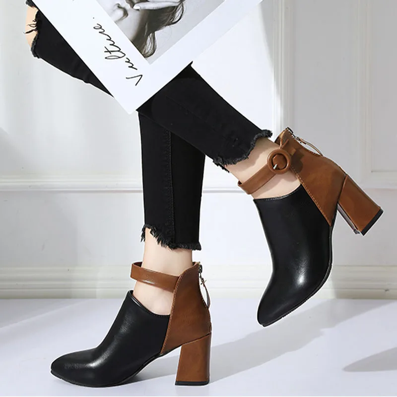 AutumnWomen Ankle Boots Black Chunky High Heel 7CM Color Matching Buckle Bota Back Zip Casual Female PU Learther Botines Chelsea