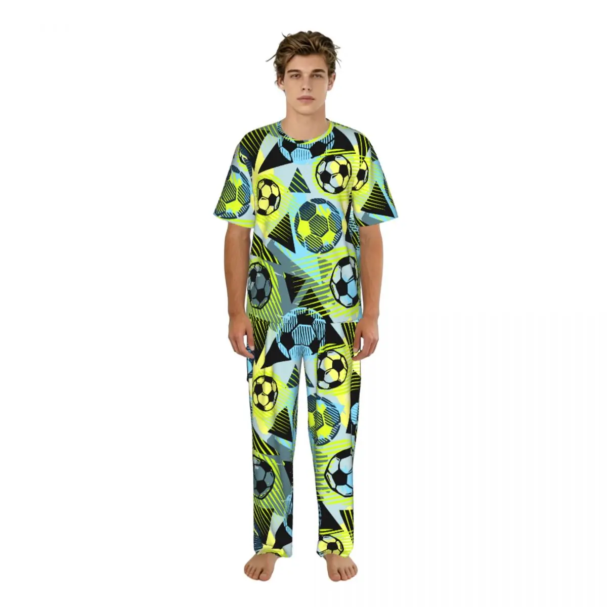

Men's Casual Pajamas Sets Short Sleeve and Pants Sets Male Sleepwear Football Doodle Pattern Home Clothes