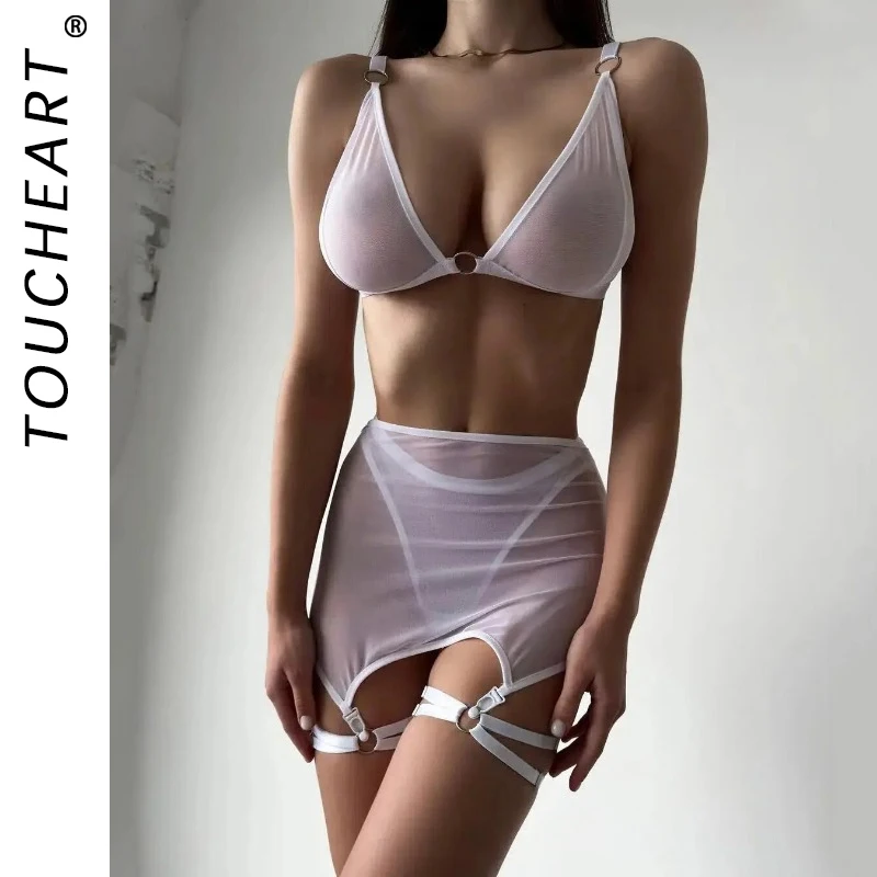 Toucheart-Lencería Sexy para mujer, traje de ropa interior transparente de malla de Color sólido, ligas sexys, conjunto de 4 piezas