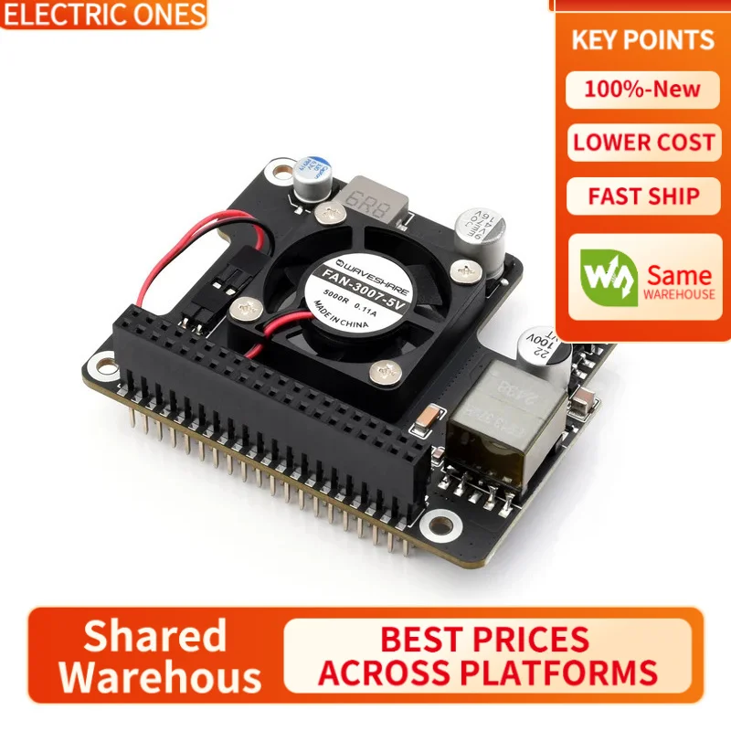 

【Waveshare genuine】- Power Over Ethernet Expansion Board For RDK X5, Onboard Cooling Fan, With Metal Heatsink, Supports 802.3af/