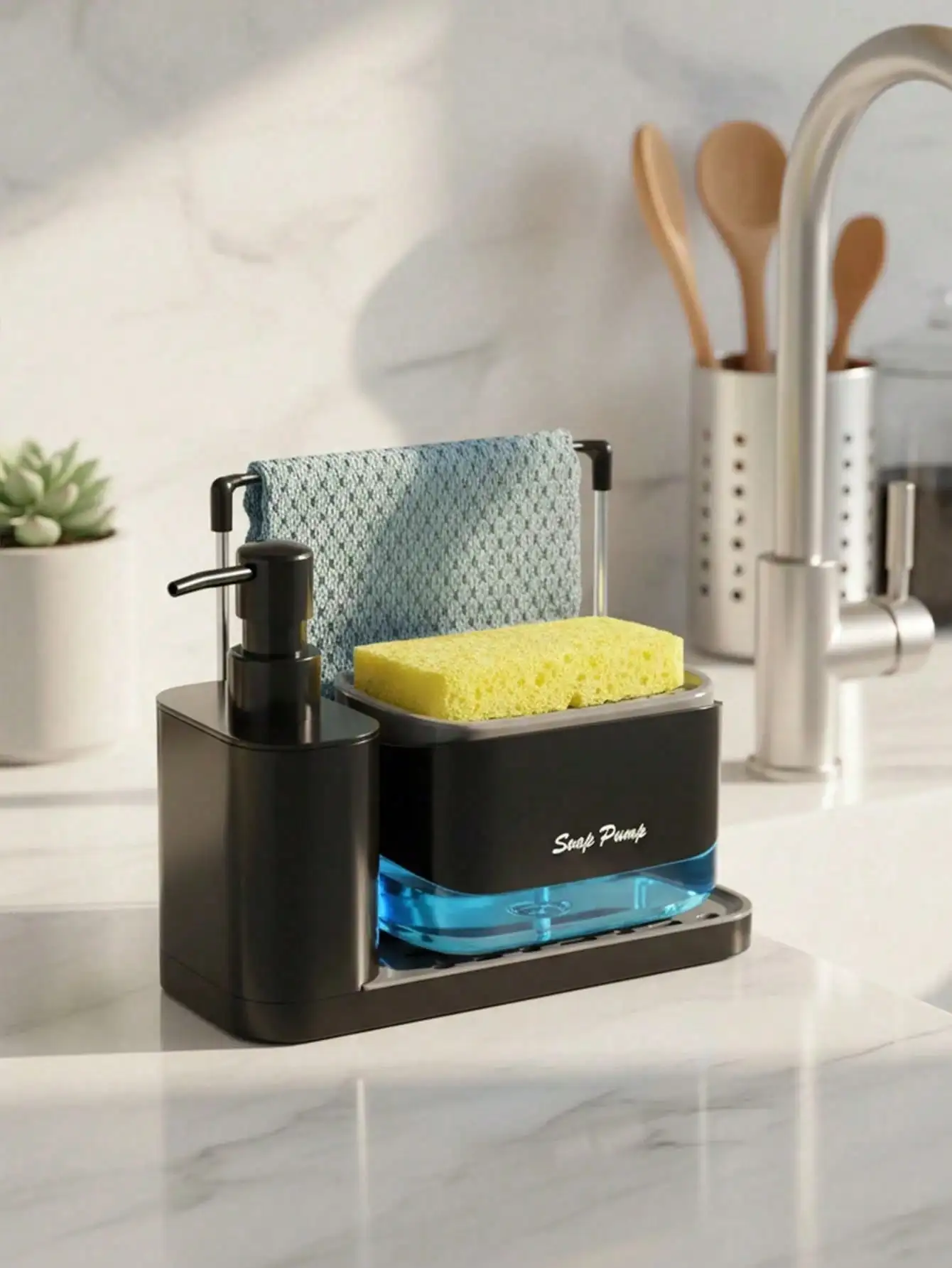 Kitchen Soap Dispenser, Dish Soap Dispenser Set, Hand Soap Dispenser, With Tray, Double Soap Dispenser, Sponge Holder And Dish Rack, Soap Dish, 5-In-1 Storage Rack, For Kitchen Sink Countertop Storage - Practical Kitchen Gadget - (Towel Not Included)