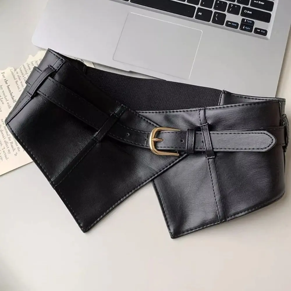 Elegant Adjustable Elastic Cummerbunds Black Solid Color Wide Belt PU Leather Slimming Waist Corset Outfits