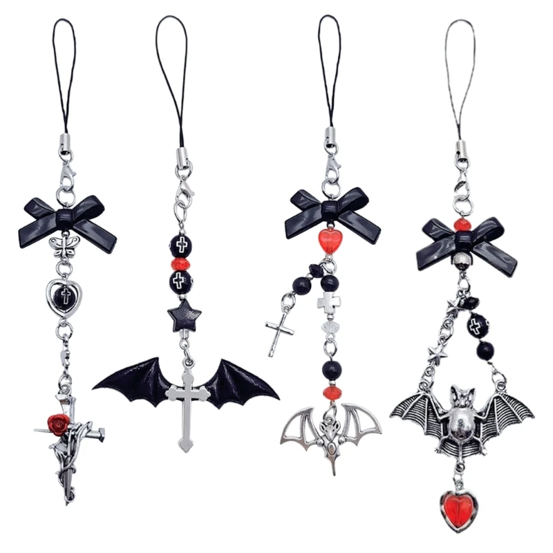 Fast Reach Y2K Harajuku Phone Charm Strap Halloween Bat Pendant Bowknot Lanyard Keys