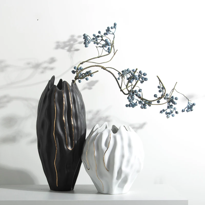 Современная керамическая художественная ваза с золотой линией, домашняя белая, черная, фарфоровая ваза, роскошная гостиная, мягкие украшения, украшения, аксессуары