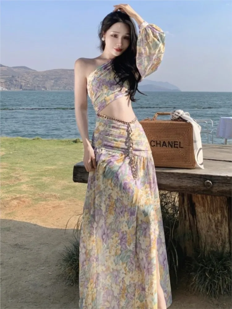 Seaside Holiday Beach Dress Long Skirt Irregular Shoulder Sleeve Midriff Outfit Floral for Women Season