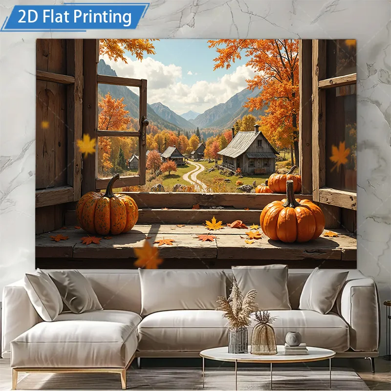 [2D شقة] 1 قطعة 4x16 بوصة علامة معدنية الخريف كوخ نافذة عرض اليقطين سقوط المشهد المعادن جدار ديكور فني