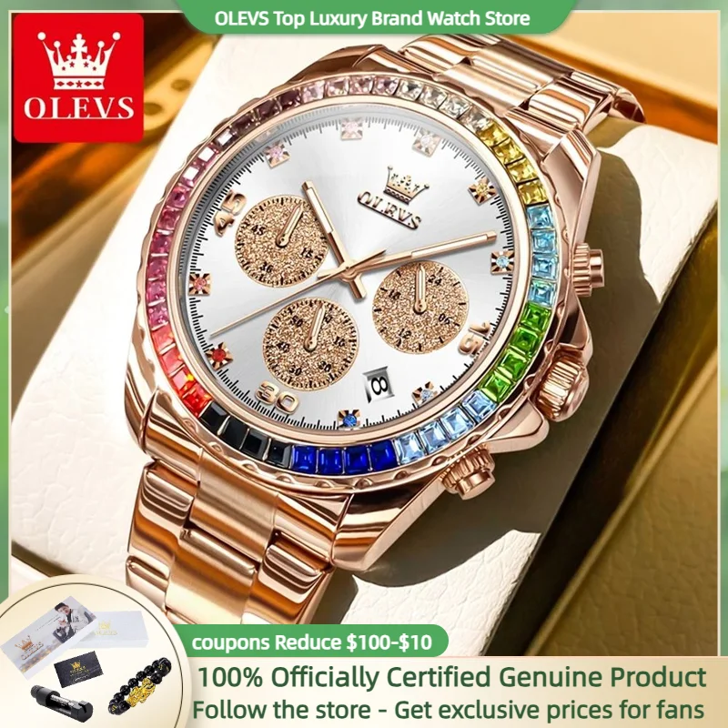 OLEVS NEW Watch Men Colored Diamond Bezel High Quality Stainless steel Waterproof Luxury Date Multifunctional Wristwatch Man