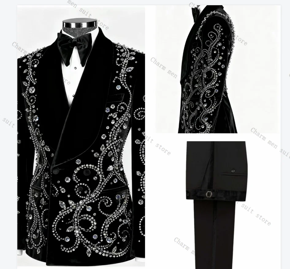 

Black Velvet Men Suits Set 2 Pcs Crystals Blazer+Cotton Pants Trousers Wedding Tuxedos Formal Office Customized Prom Jacket Coat