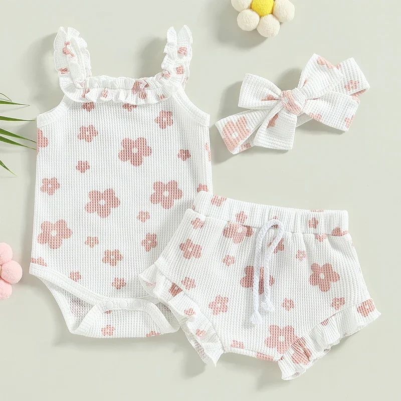 Conjunto de 3 peças de roupas de verão para bebês meninas de 0 a 18 meses, macacão floral sem mangas + shorts + faixa de cabeça
