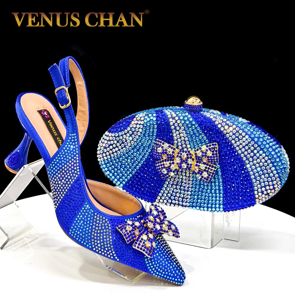 

Venus Chan Blue Pointed Toe 2024, новые поступления, женские пикантные женские туфли и сумка на высоком каблуке, подходящие итальянские туфли-лодочки для свадьбы