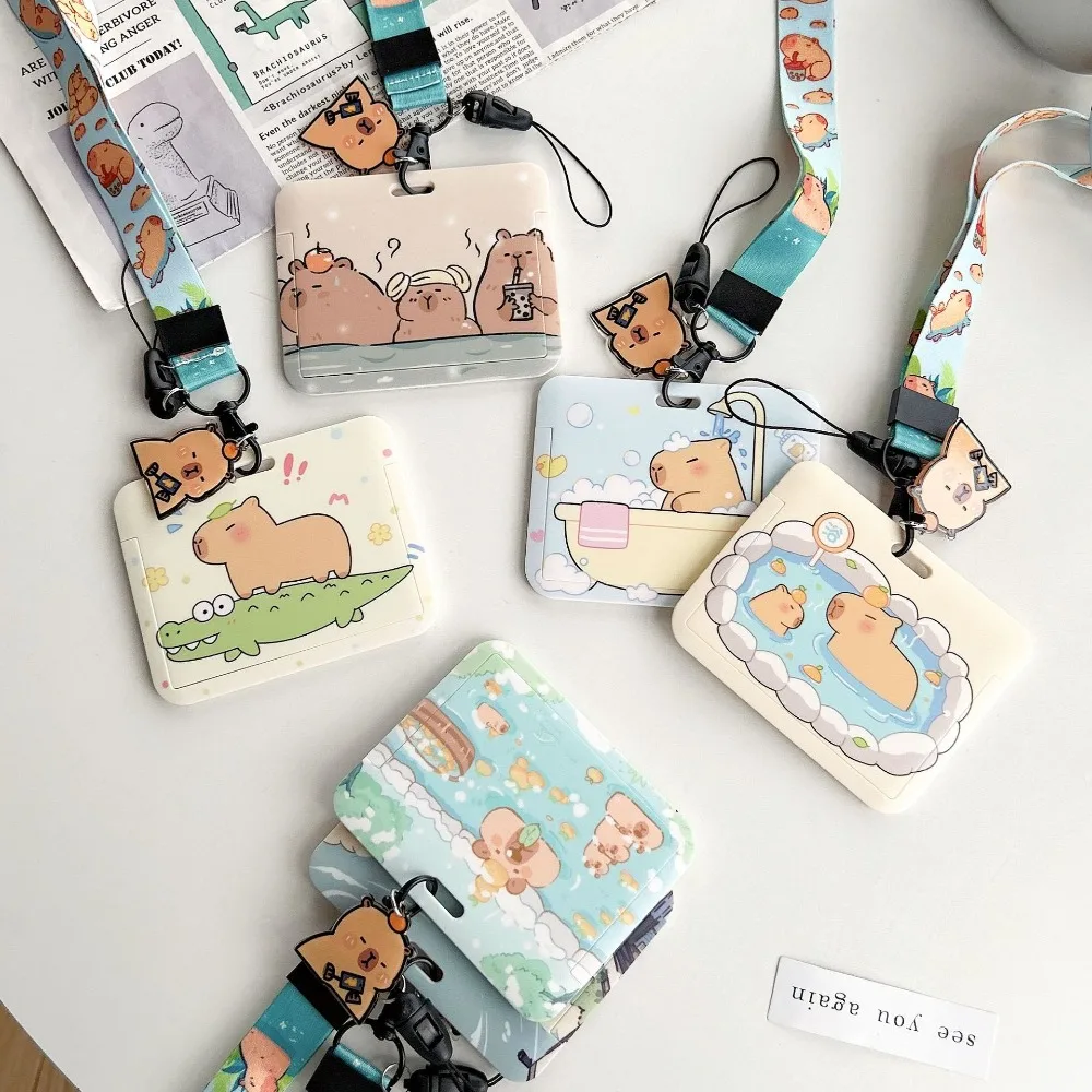 Cartoon Capybara Card Holder Kawaii Plastic Animal Students Bus Card Cover with Lanyard Ins Photocard Holder Female/Male