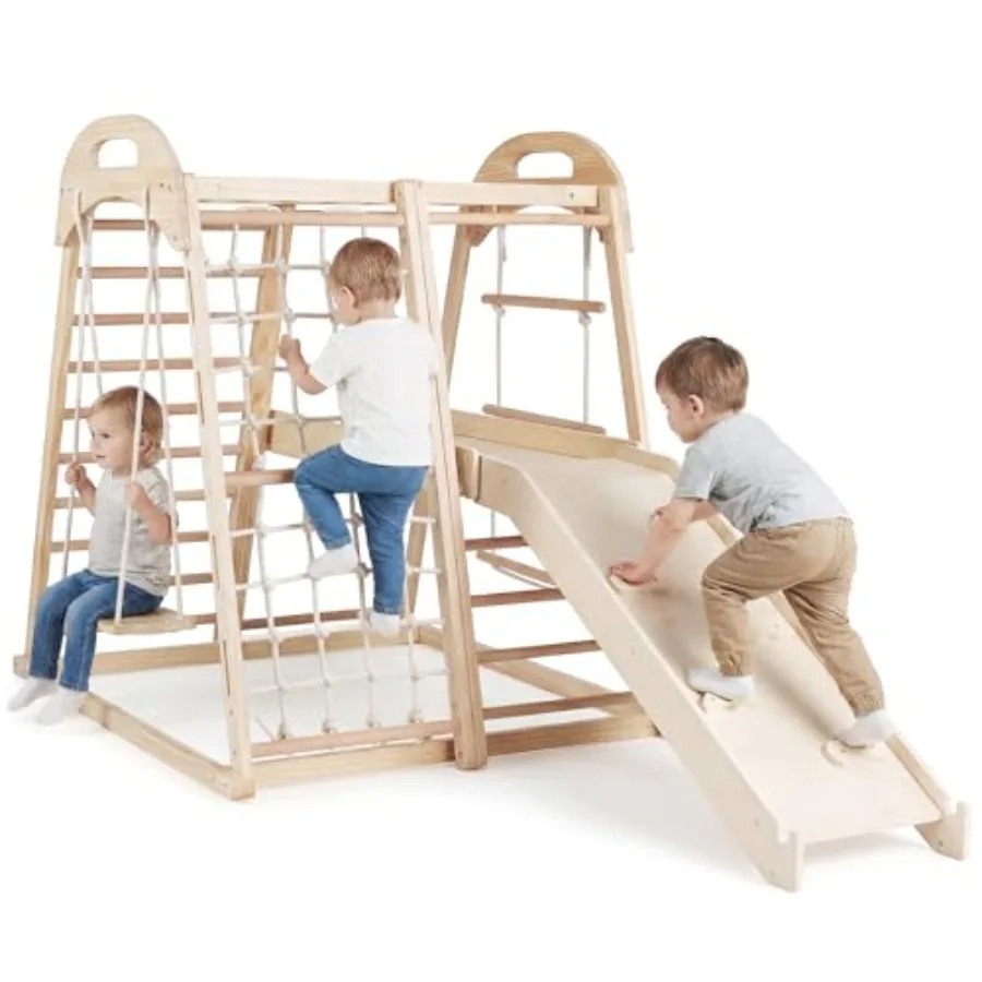 

Детский игровой комплекс 8-в-1 Монтессори: спортивный комплекс для лазания с горкой, качелями, баскетбольным кольцом, турником, веревочной сеткой и лестницей