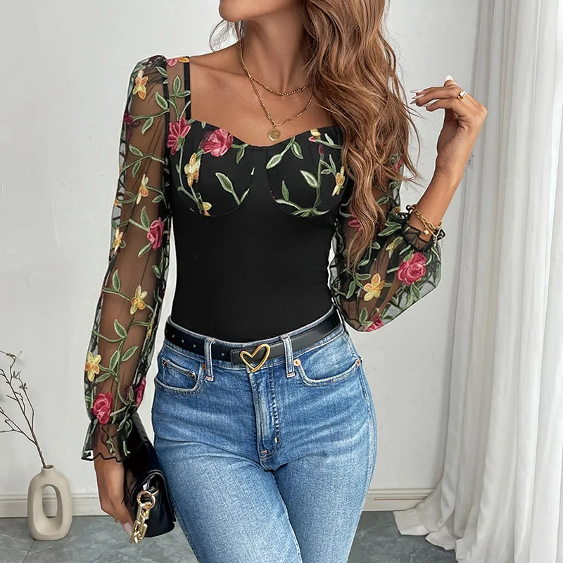 2026 Autumn and Winter New Mesh Embroidered Onesie Elegant Romantic Perspective Onesie Women
