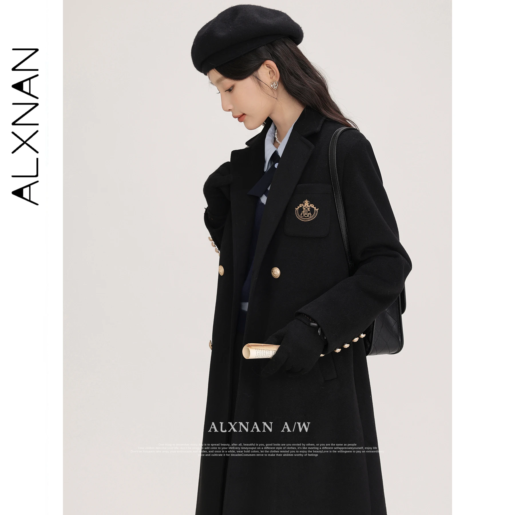 

ALXNAN Women's Coats 2025 Autumn Winter Black Single-faced Woolen Overcoat Elegant Long Thickened Office Lady Clothes LXN31906