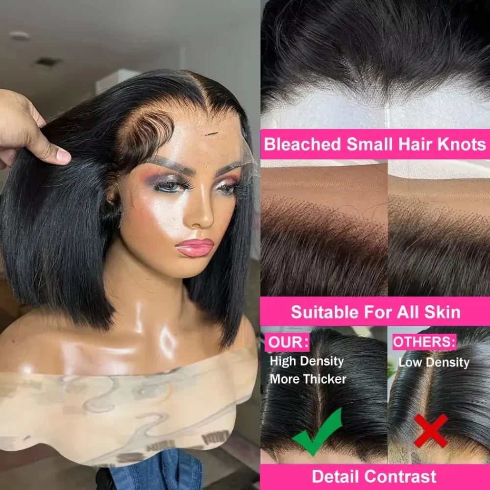 13x4 180% 밀도 숏 보브 스트레이트 브라질리언 레미 헤어 HD 투명 레이스 풀 레이스 프론탈 가발 100% 인모 여성용