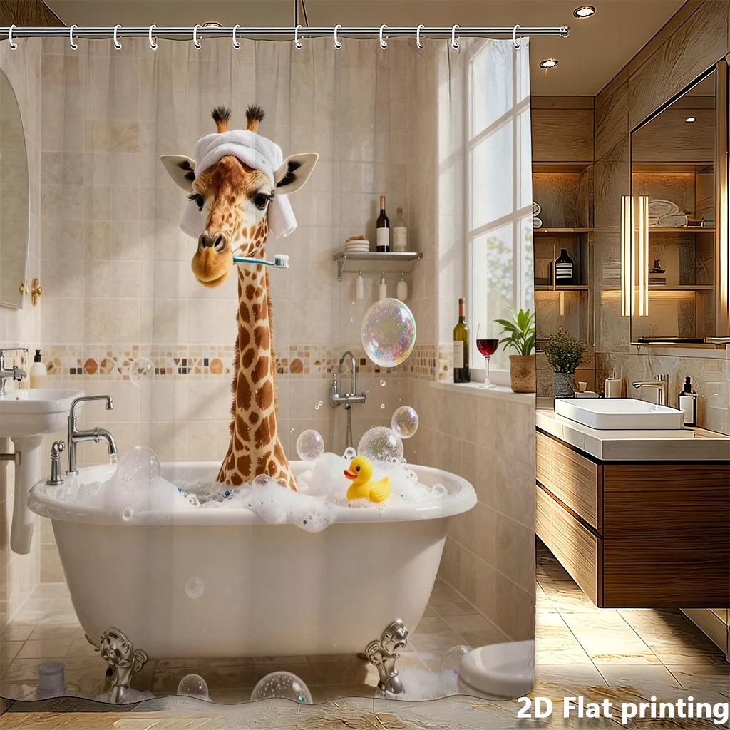 

Funny Giraffe Shower Curtain – Bathing in Tub with Toothbrush, Bubbles & Duck | 2D Flat Print, Waterproof, 12 Hooks