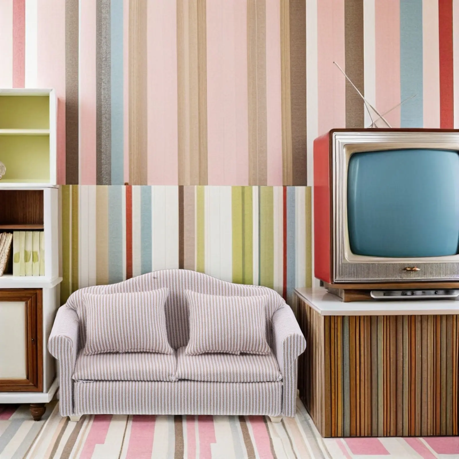 

2Pcs Miniature Dollhouse Sofa Set Vibrant Fabric Living Room Furniture Wooden Frame Matching Arm Chairs Realistic Decor Pink