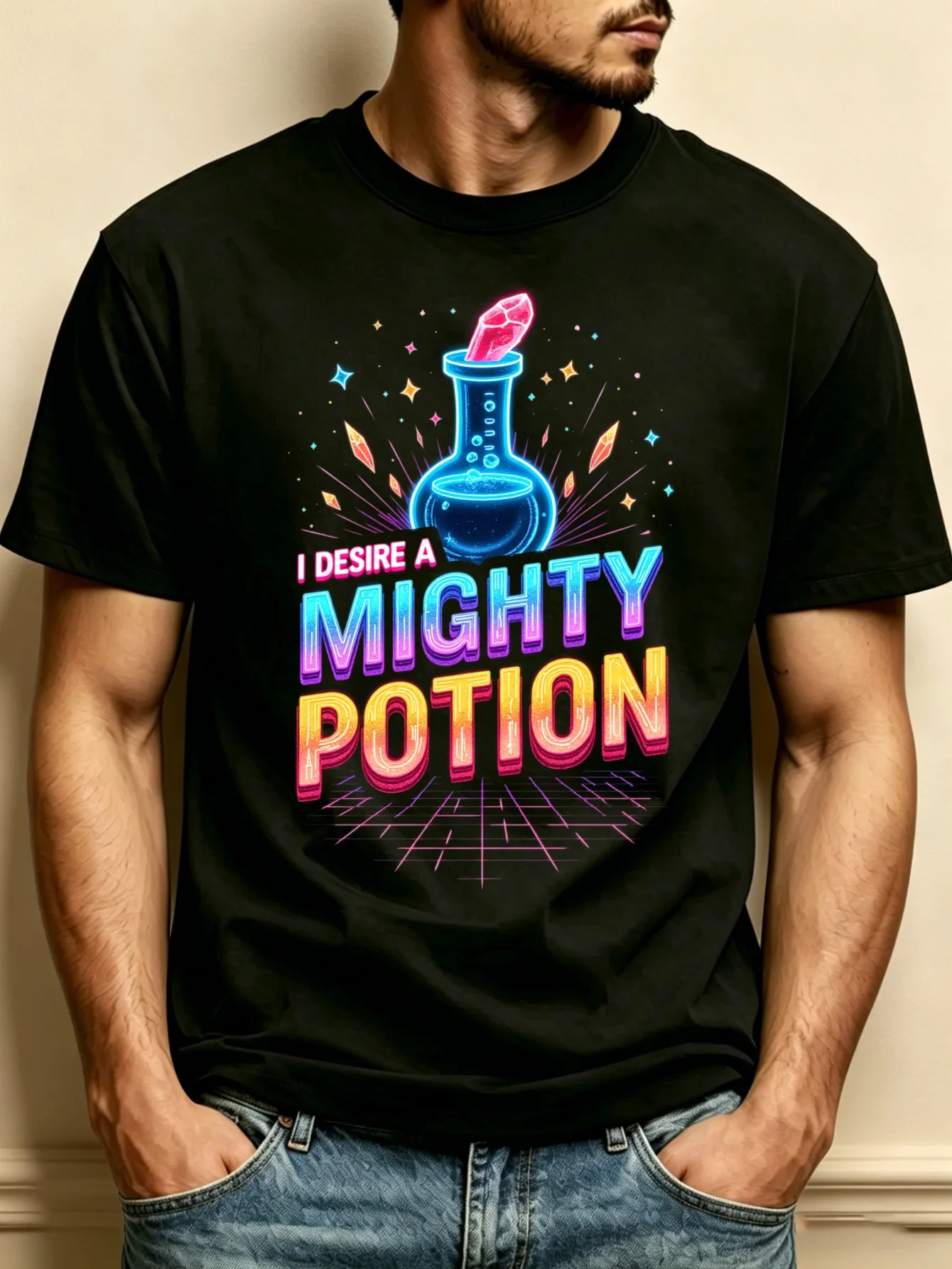 Vintage Neon Magic Potion Design Men's Crew Neck T-Shirt, Loose Fit, Stylish and Versatile, Soft and Comfortable Fabric, Suitable for Everyday Wear and Holiday Gifts The Theme Is a Shiny Medicine Bottle and Crystals with the Words 