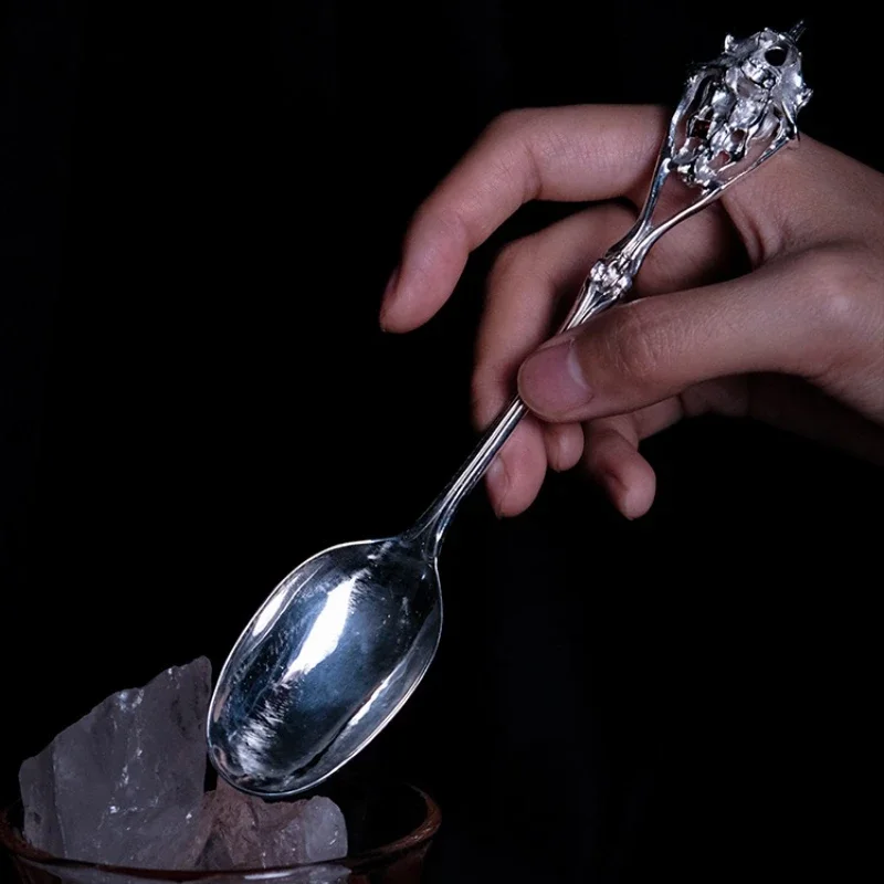 Niche Premium Gothic Dark Wind Sterling Silver Spoon, Bone Element S925 Silver Fork Spoon