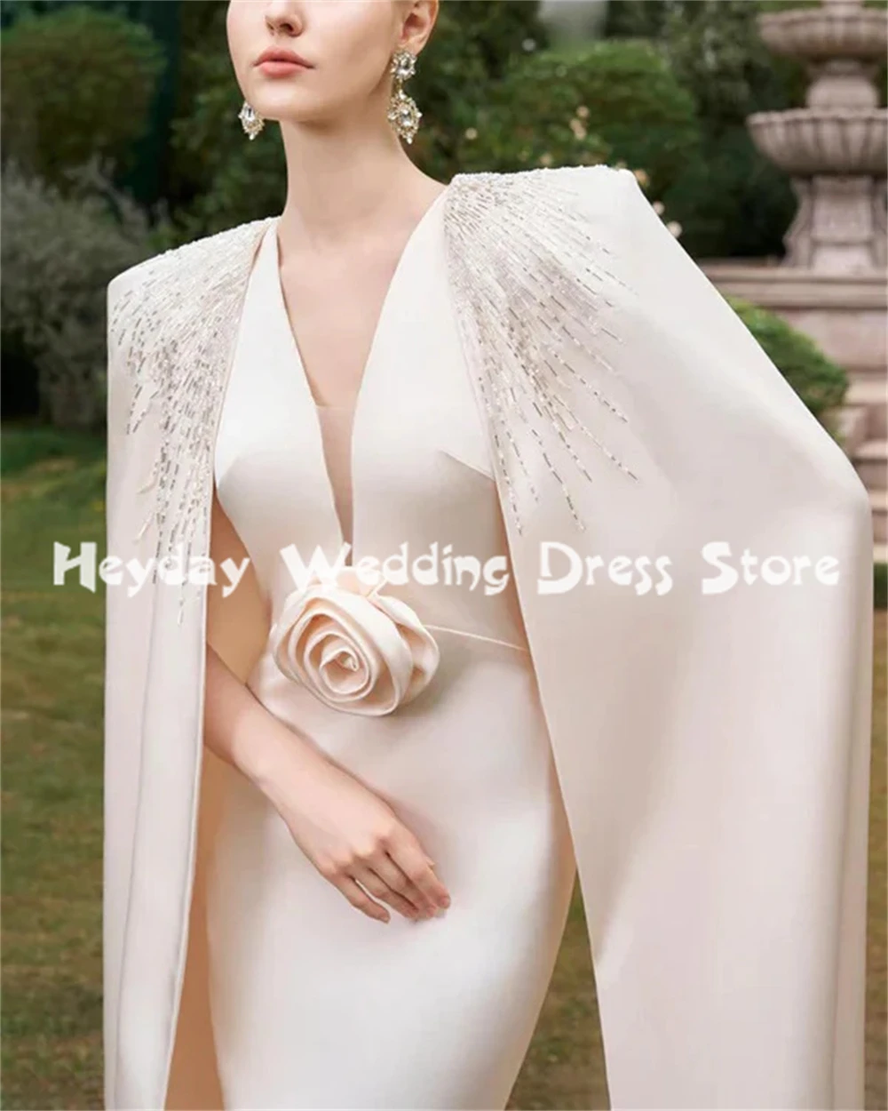 Heyday فساتين سهرة نسائية على شكل حرف v زهور ثلاثية الأبعاد حورية البحر بدون أكمام مع شال طويل مطرز بطول الأرض فساتين أنيقة 2025