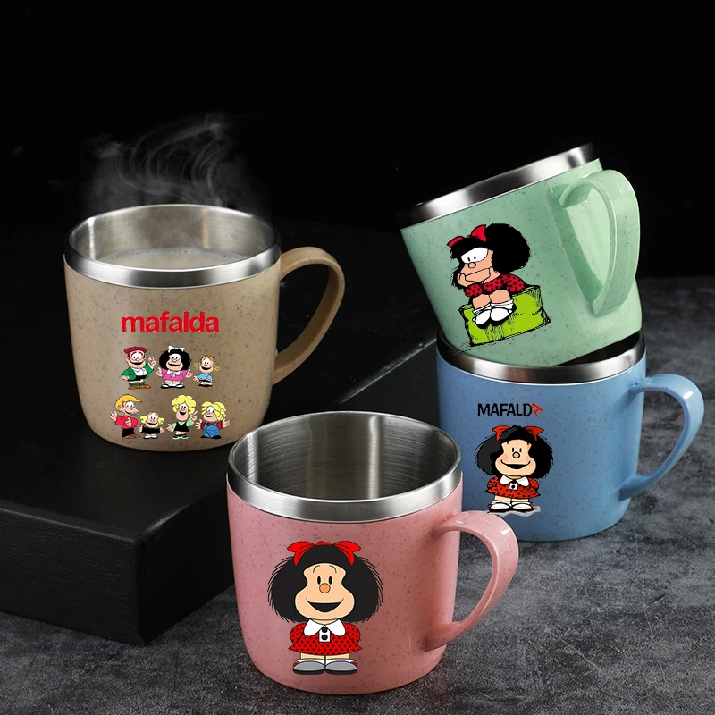 

MAFALDA Girl BOY Water Bottle Kawaii Stainless Steel Cups Handle Coffee Milk Mug Tea Drink Water Bottle for Home Office Gift